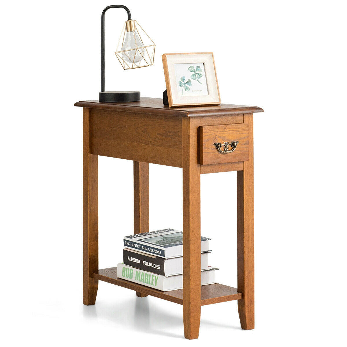 2 Pieces 2 Tier Sofa Side End Table with Drawer and Open Shelf