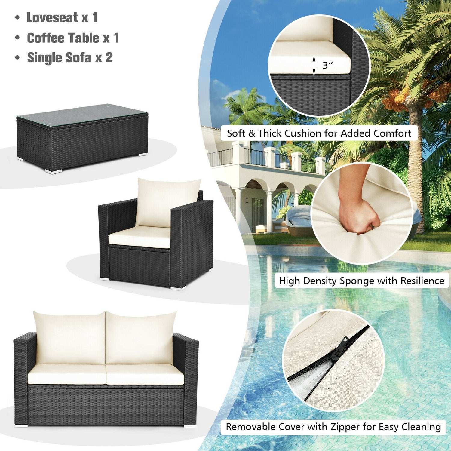 4 Pieces Patio Rattan Conversation Set with Cushions and Coffee Table
