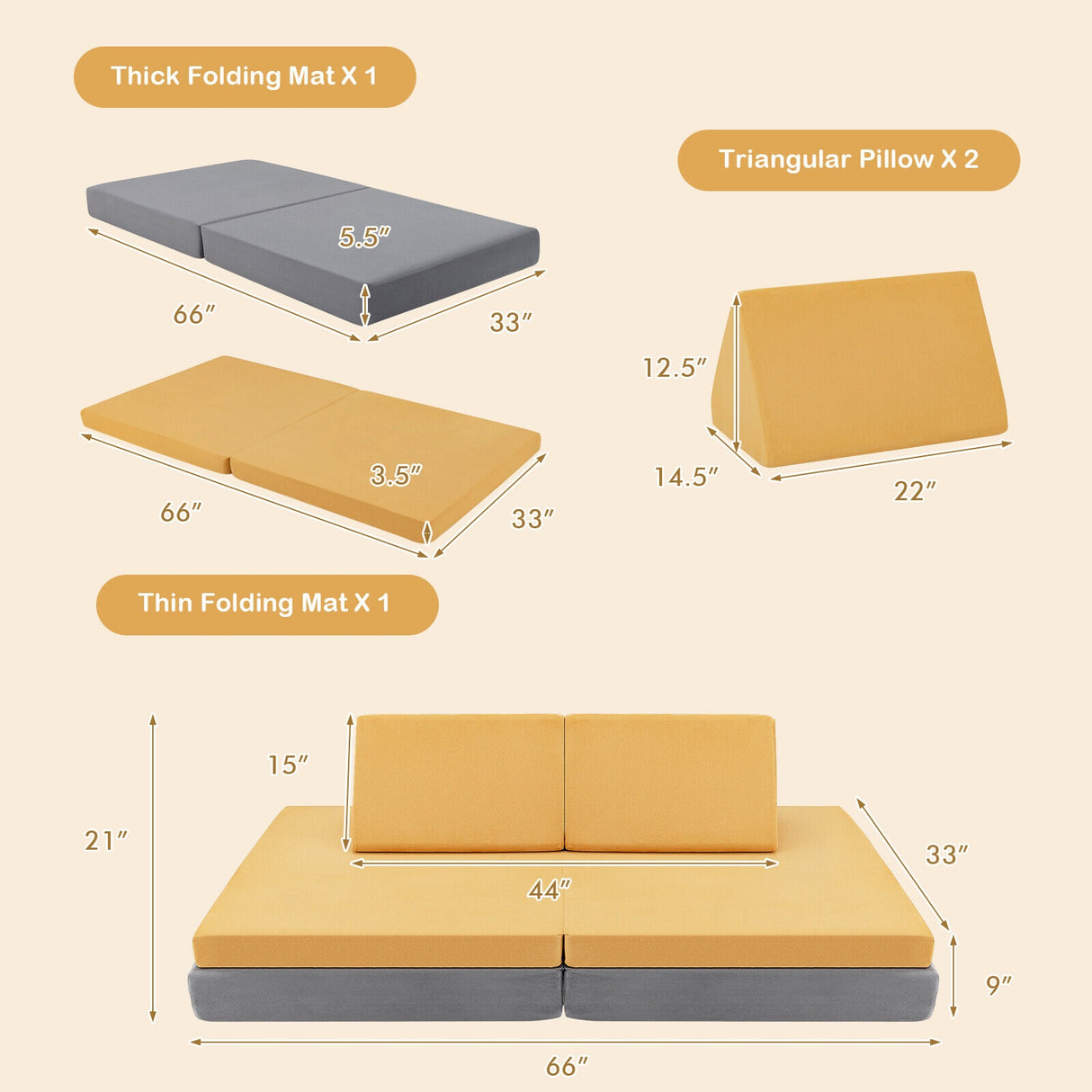 4-Piece Convertible Kids Couch Set with 2 Folding Mats