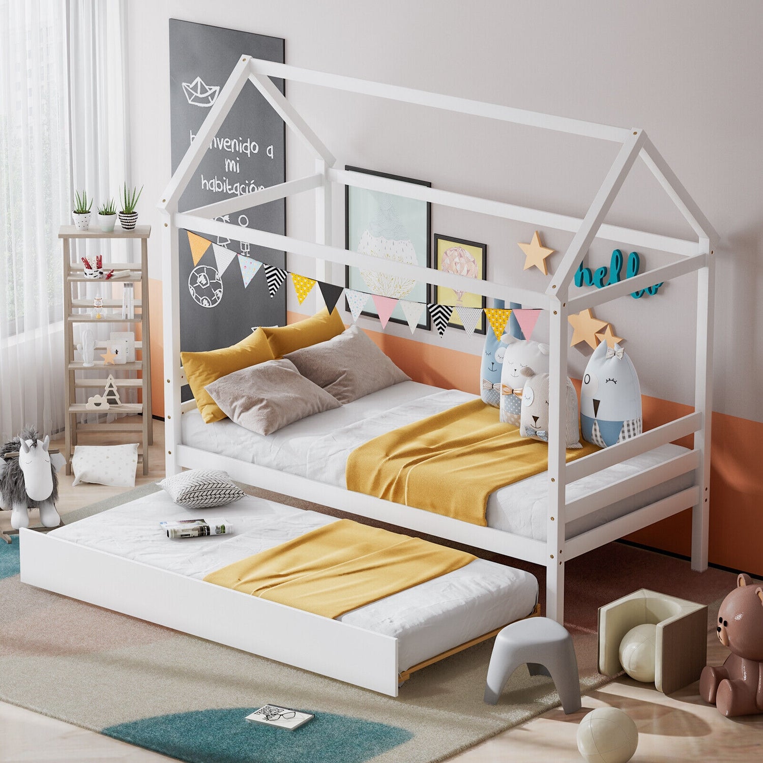 Kids Platform Bed Frame with Roof for Bedroom