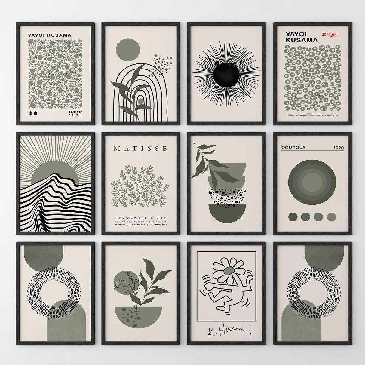 Set of 12 Sage Green Art. Abstract Matisse, Bauhaus MCM Prints