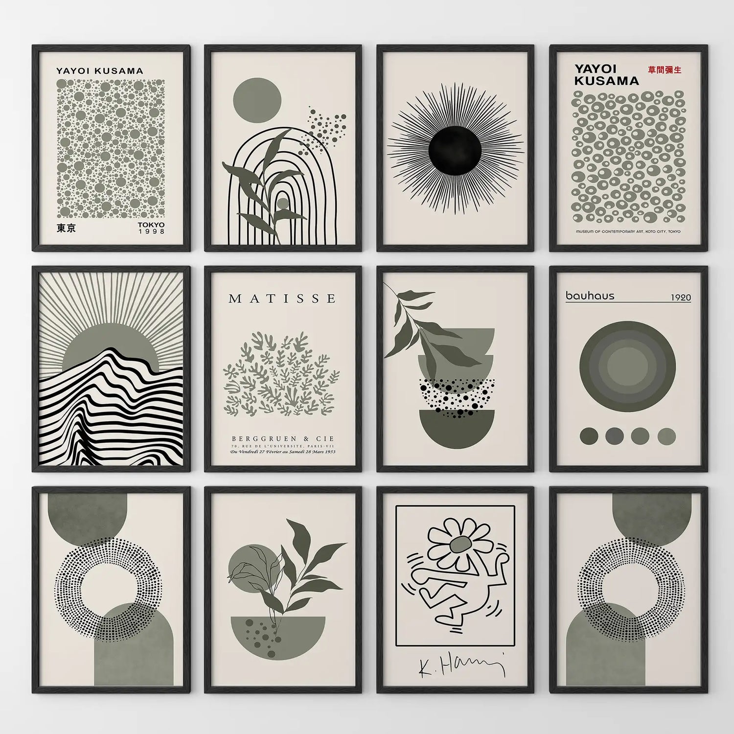 Set of 12 Sage Green Art. Abstract Matisse, Bauhaus MCM Prints