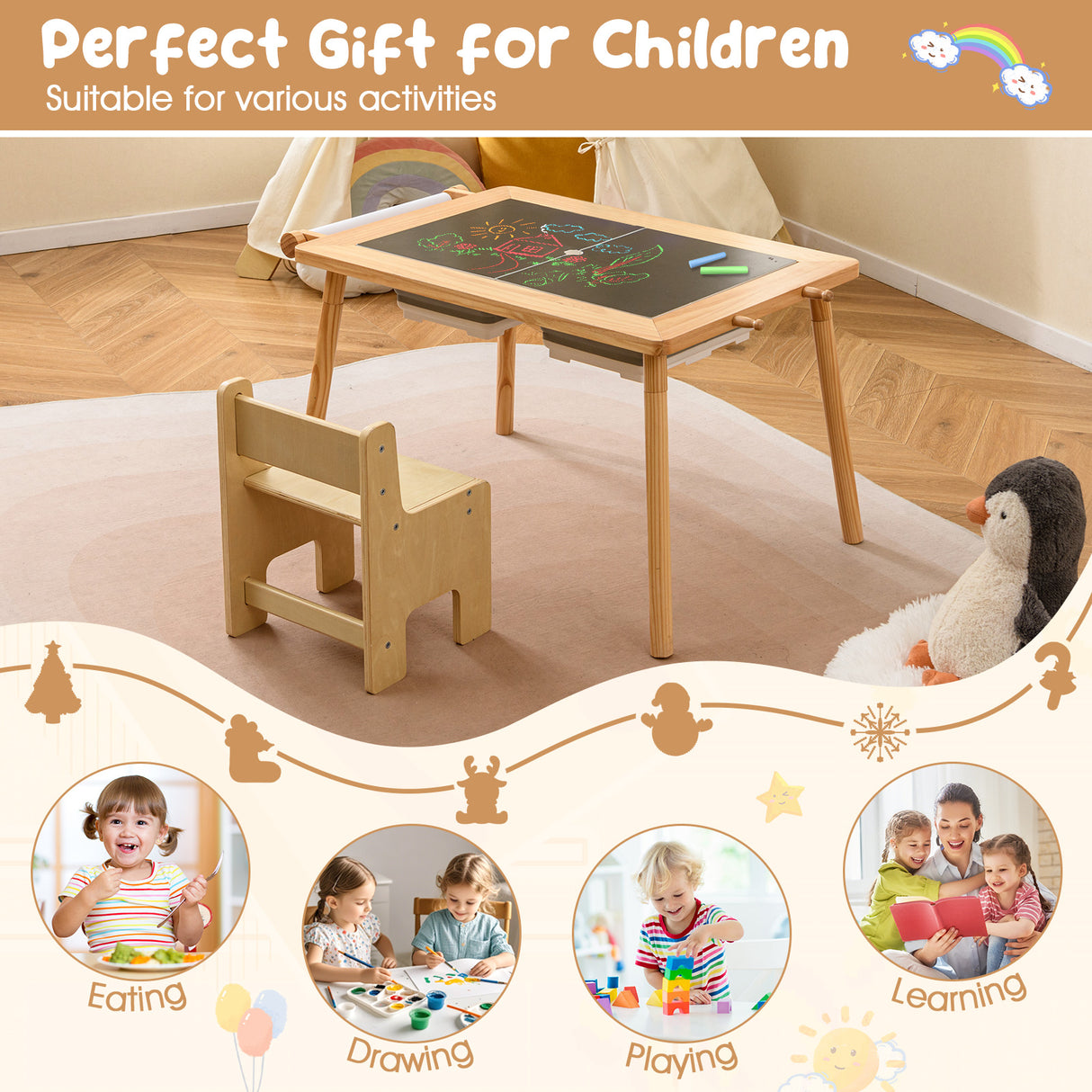Sensory Table and Chair Set for Kids 2-8 with Foldable Bins