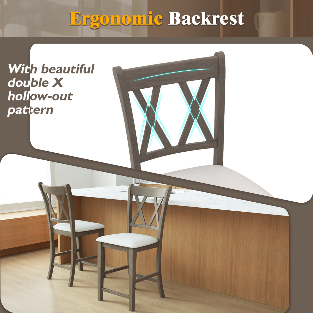 Set of 2 Bar Stools with Cross Back and Linen Fabric Upholstered Seat-Beige