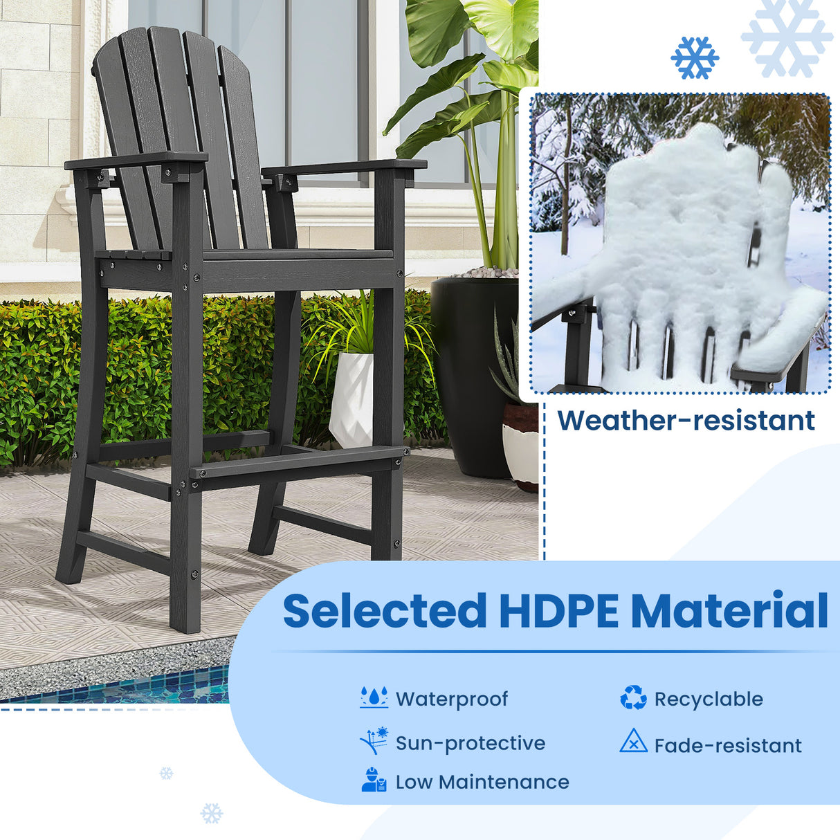 Set of 2 Counter Height Outdoor HDPE Bar Stool with Armrests and Footrest