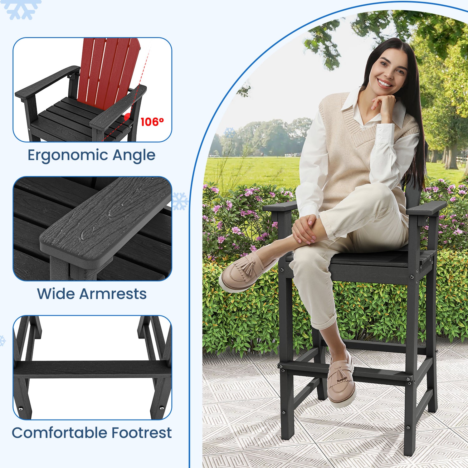 Set of 2 Counter Height Outdoor HDPE Bar Stool with Armrests and Footrest