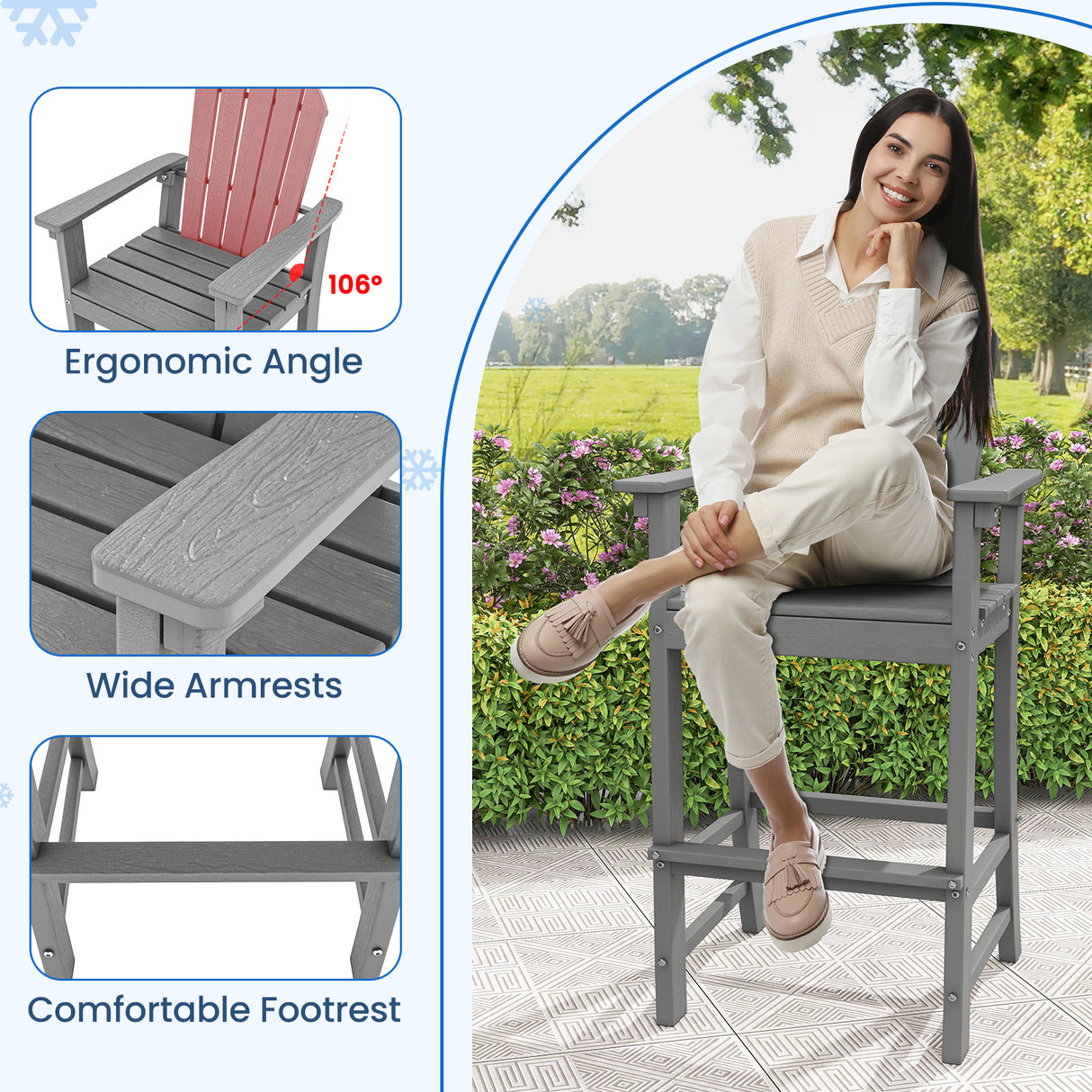 Set of 2 Counter Height Outdoor HDPE Bar Stool with Armrests and Footrest