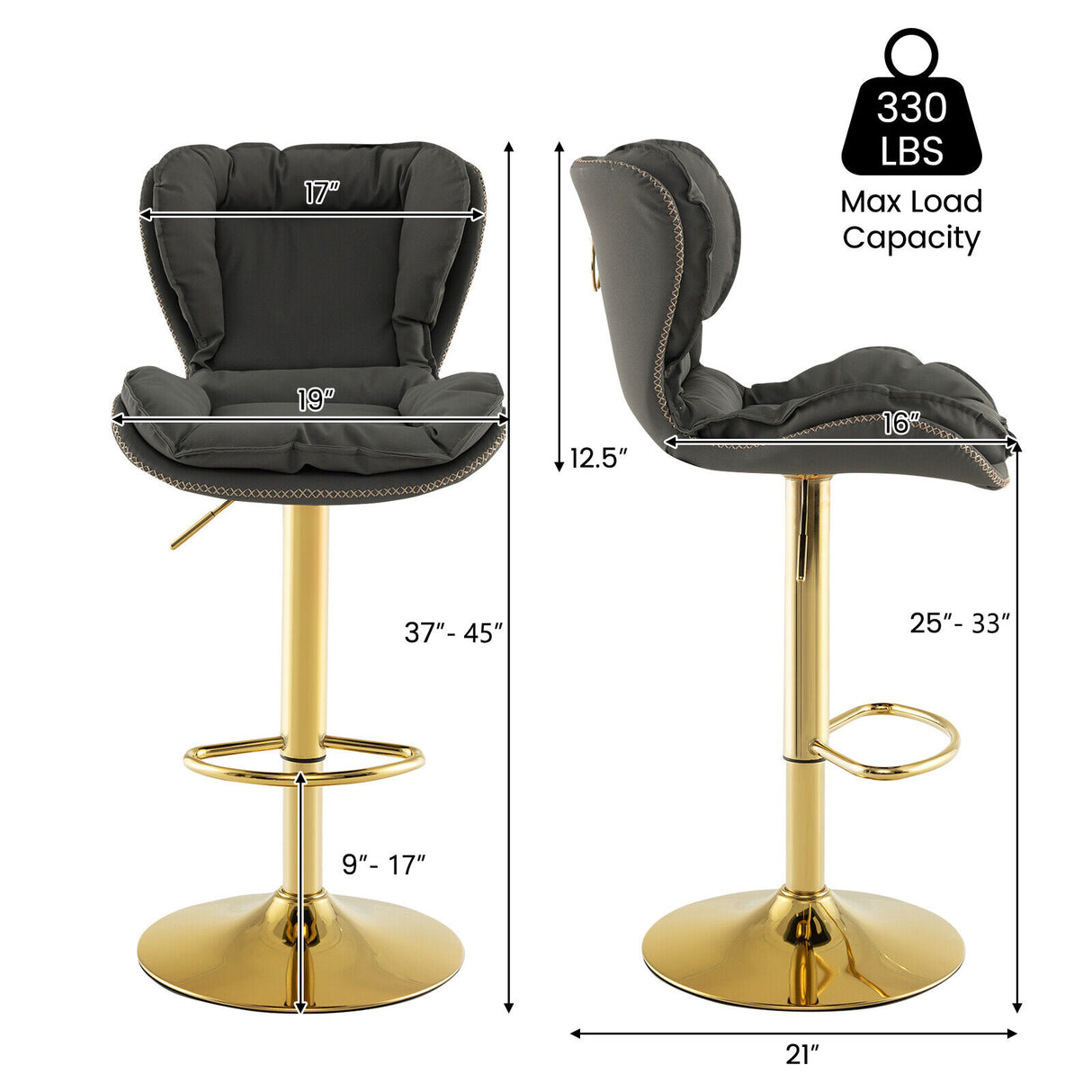 Set of 2 Swivel Bar Stools PU Leather Bar Chairs with Footrest and Curved Backrest-Gray