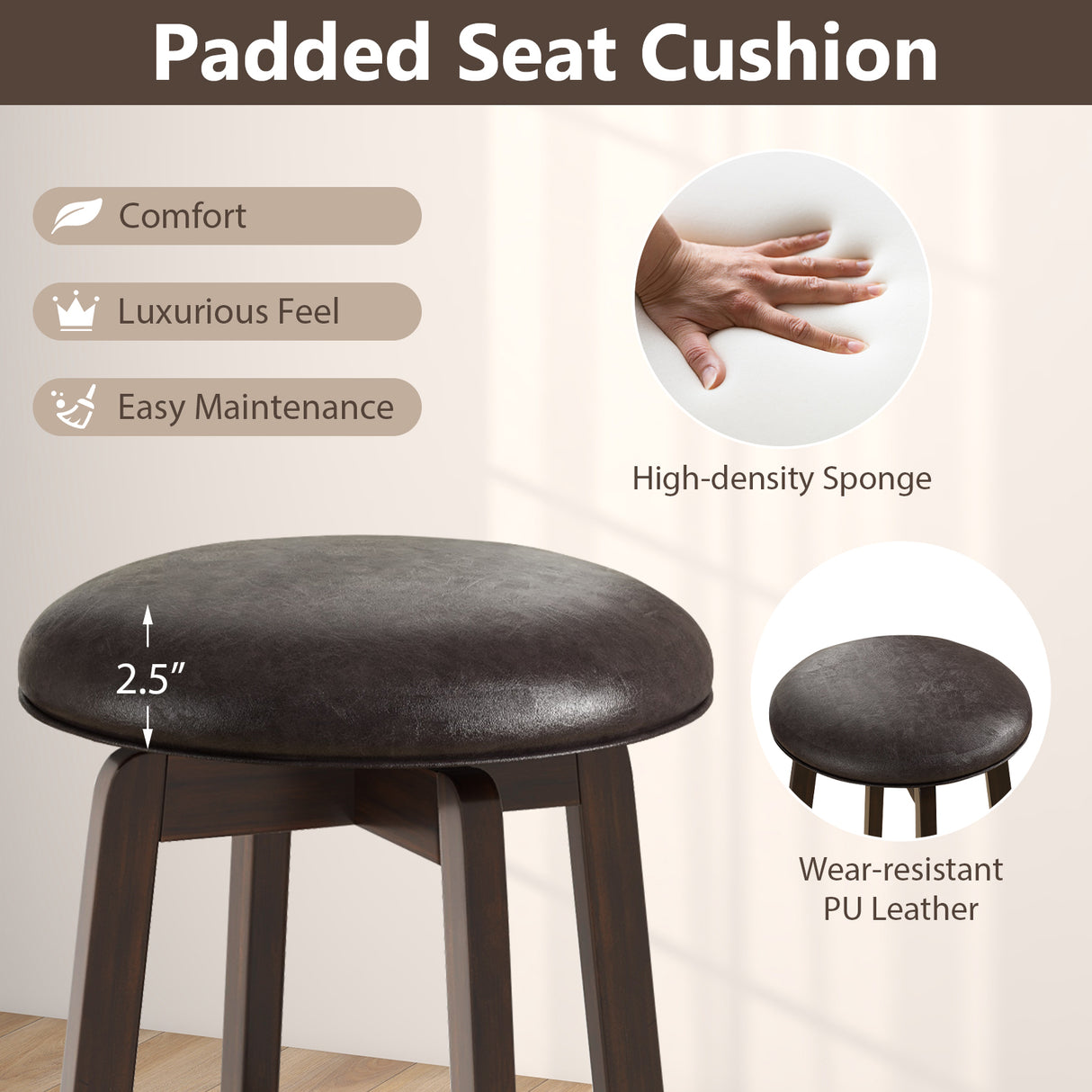 Set of 2 24/29 Inch Upholstered PU Leather Bar Stool with 360° Swivel Round Seat