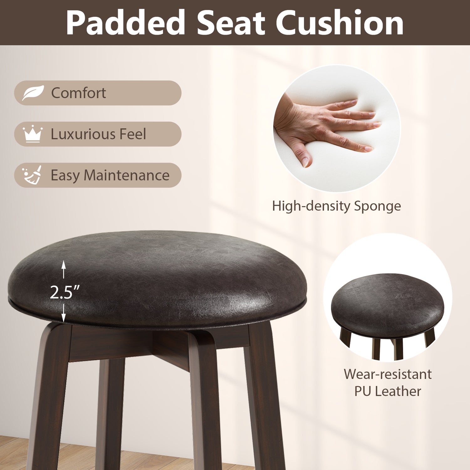 Set of 2 24/29 Inch Upholstered PU Leather Bar Stool with 360° Swivel Round Seat