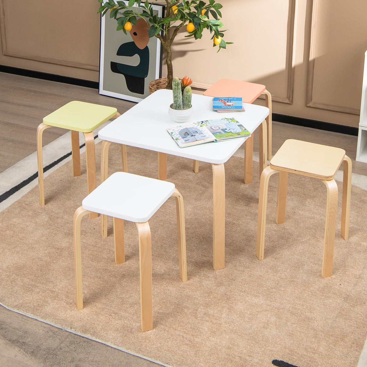 Set of 4 Colorful Square Stools with Anti-slip Felt Mats