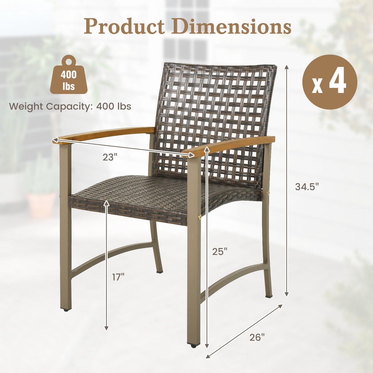 Set of 4 Patio Rattan Dining Chairs with Acacia Wood Armrests-Set of 4