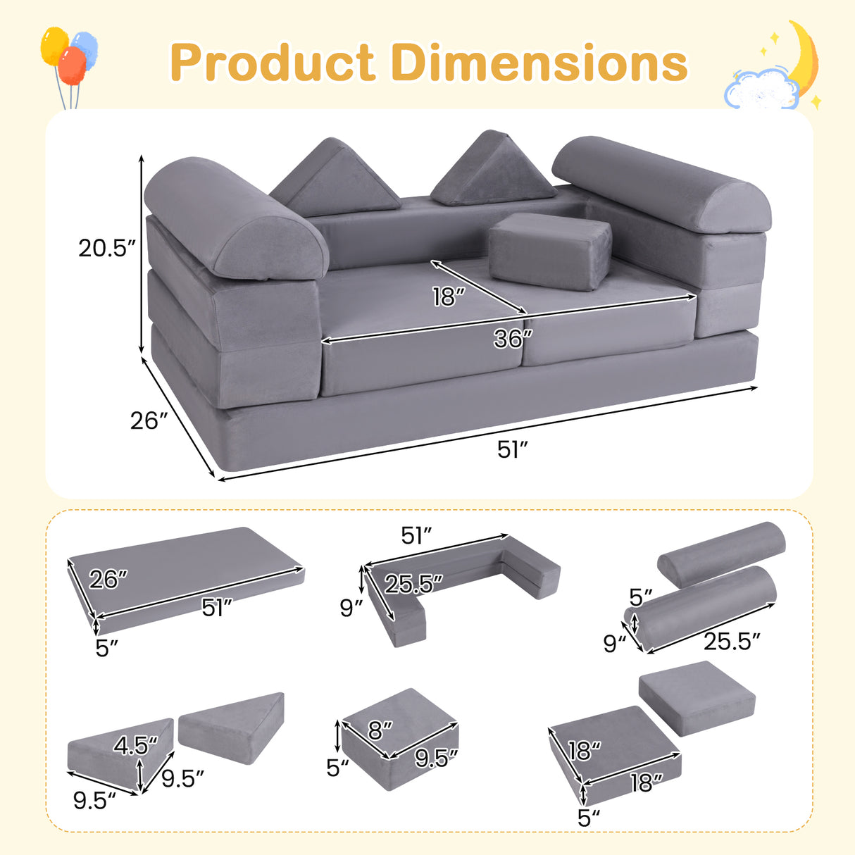 9-Piece Climb and Crawl Foam and Floor Playset with Breathable Suede Fabric