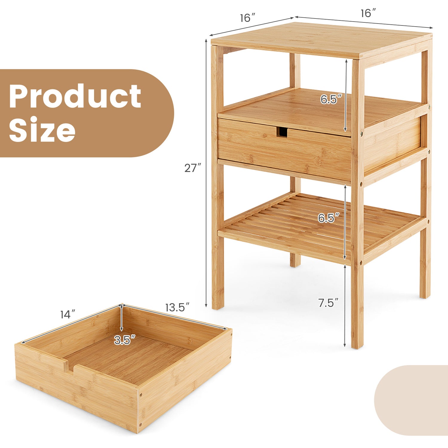 Nightstand Set of 2 Bamboo End Table with 2 Open Shelves and Drawer