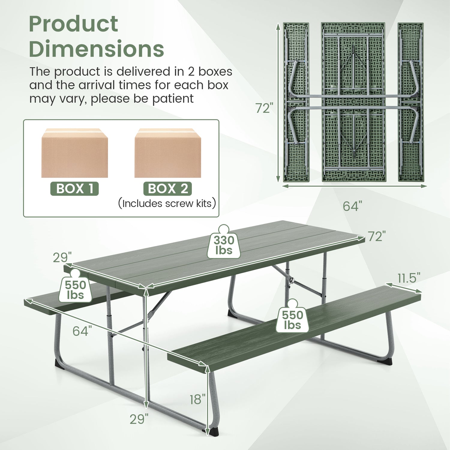 Folding Picnic Table Set with Metal Frame and All-Weather HDPE Tabletop Umbrella Hole