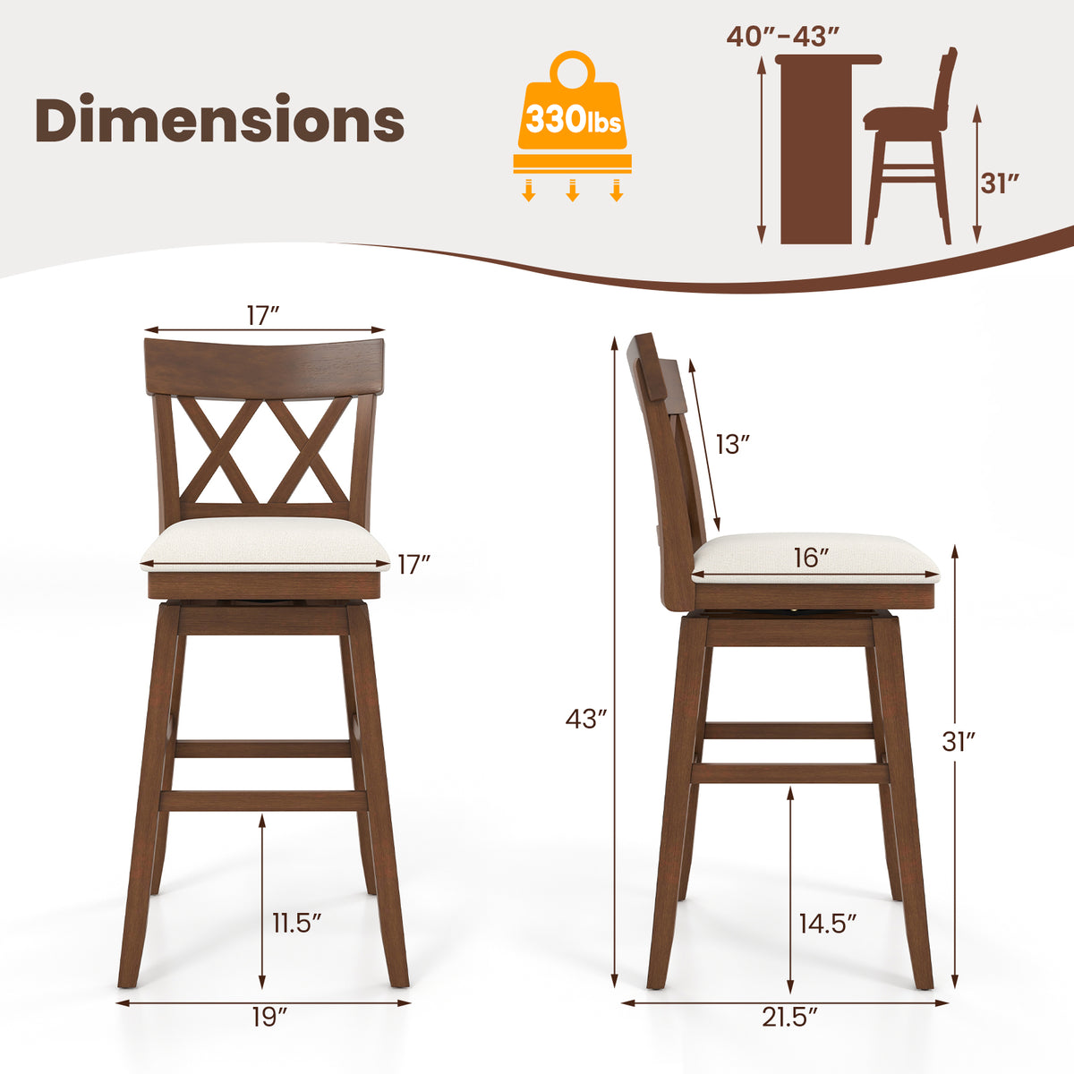 Bar Stool with Contoured Backrest and Swivel Padded Seat