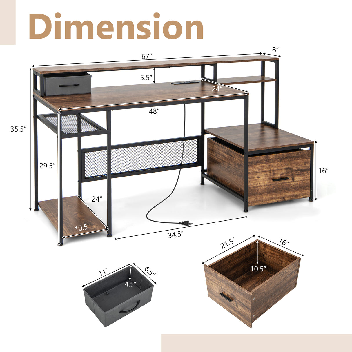 67 Inch Computer Desk with Monitor Stand & File Drawer