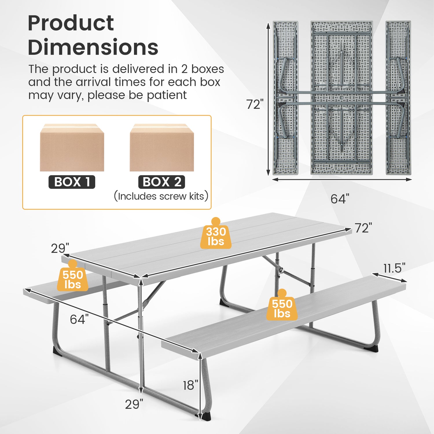 Folding Picnic Table Set with Metal Frame and All-Weather HDPE Tabletop Umbrella Hole