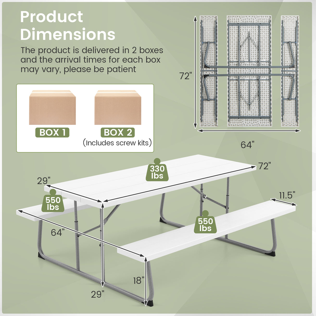 Folding Picnic Table Set with Metal Frame and All-Weather HDPE Tabletop Umbrella Hole