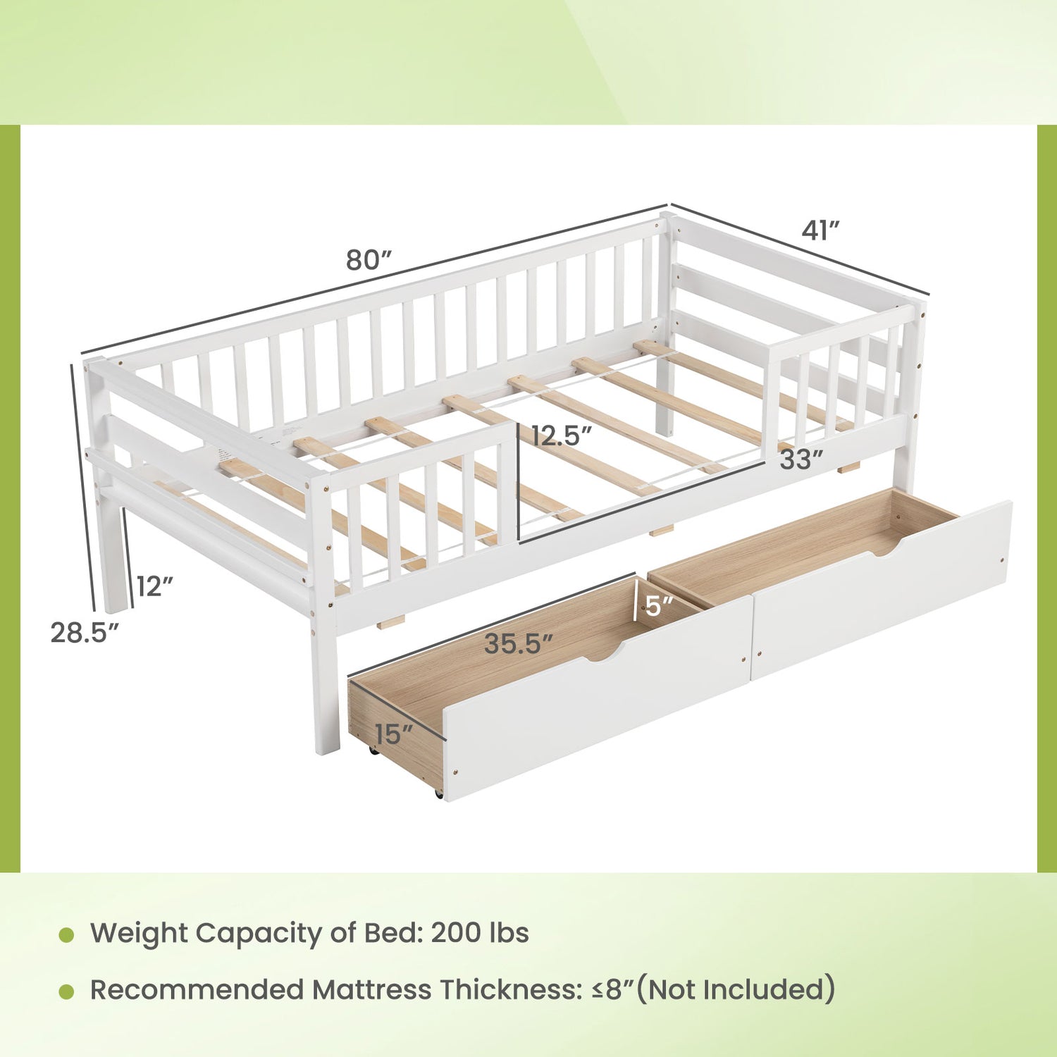 Twin Daybed with Fence and 2 Drawers Kids Bed for Boys & Girls