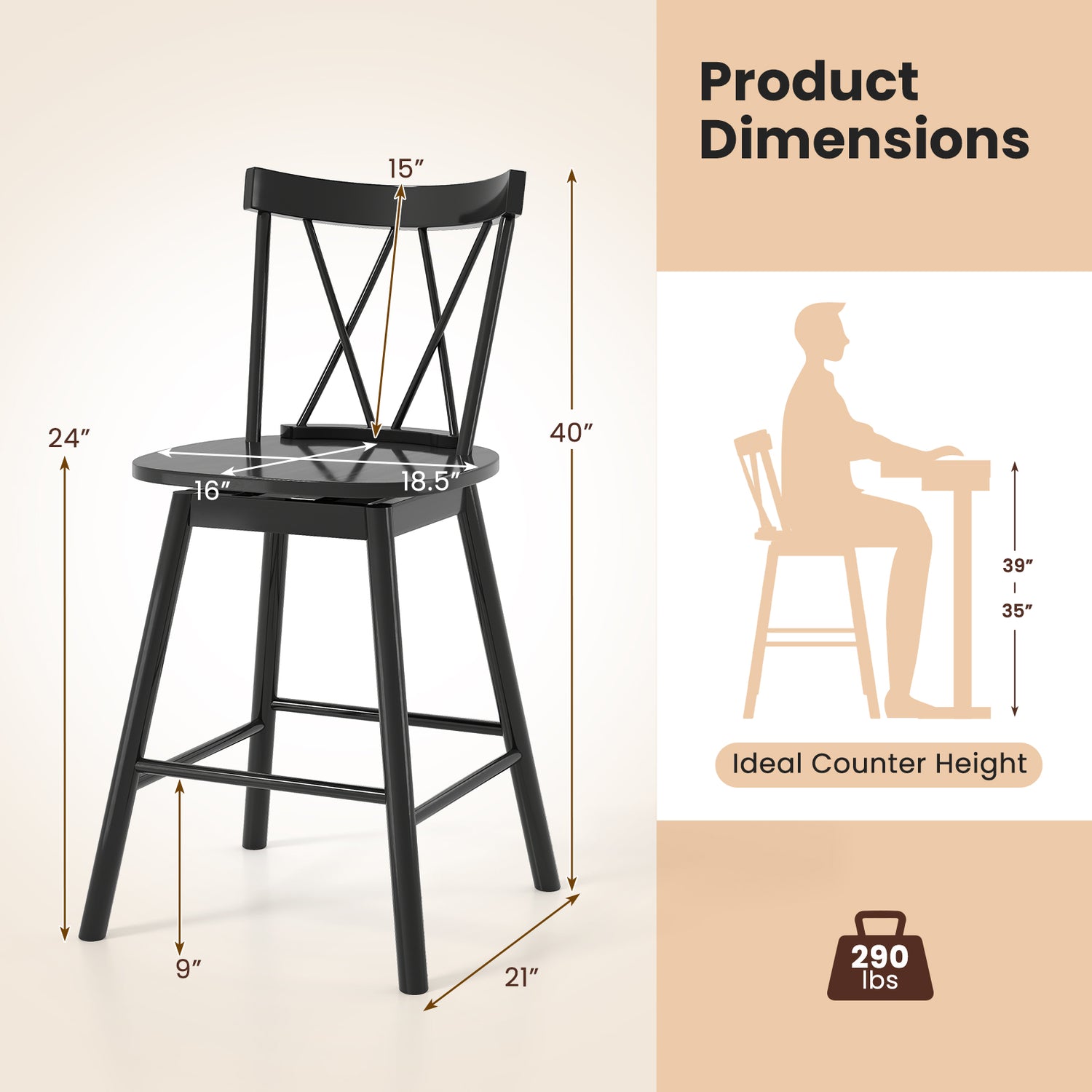 Set of 2 Windsor Bar Stool with Ergonomic Backrest and Footrests