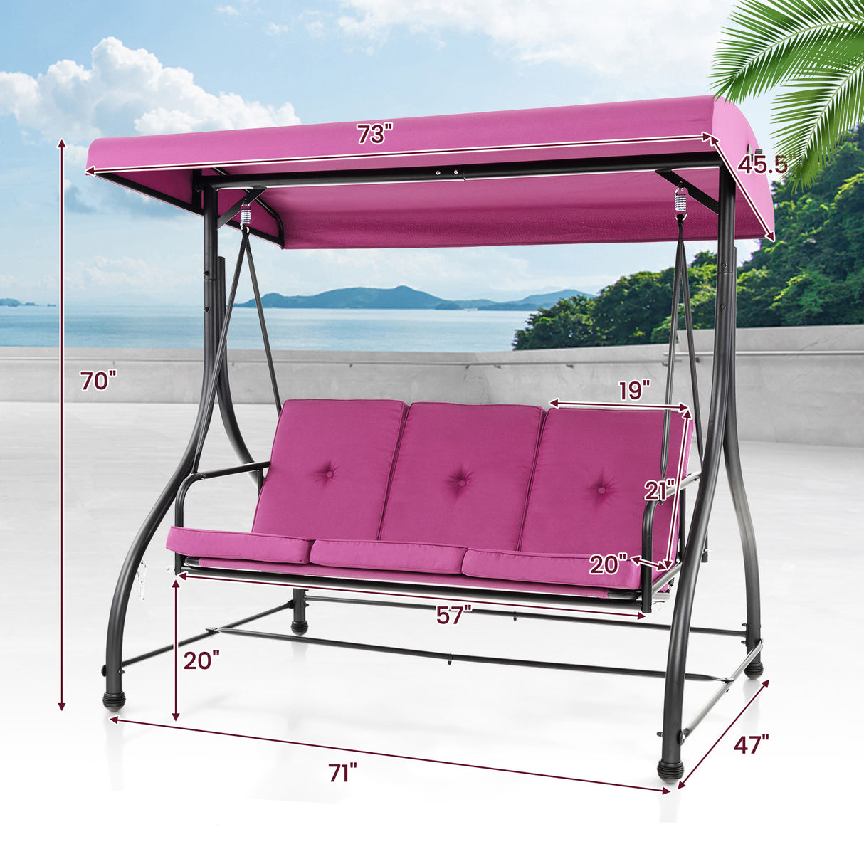 3 Seat Outdoor Porch Swing with Adjustable Canopy