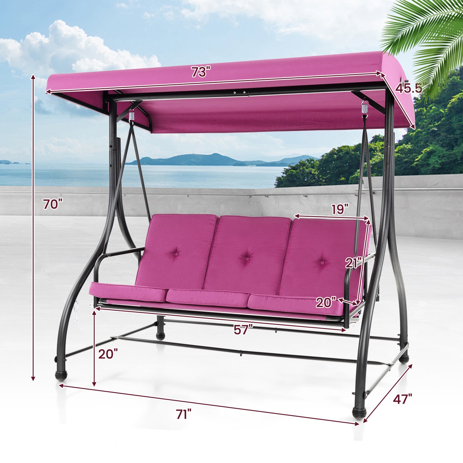 3 Seat Outdoor Porch Swing with Adjustable Canopy