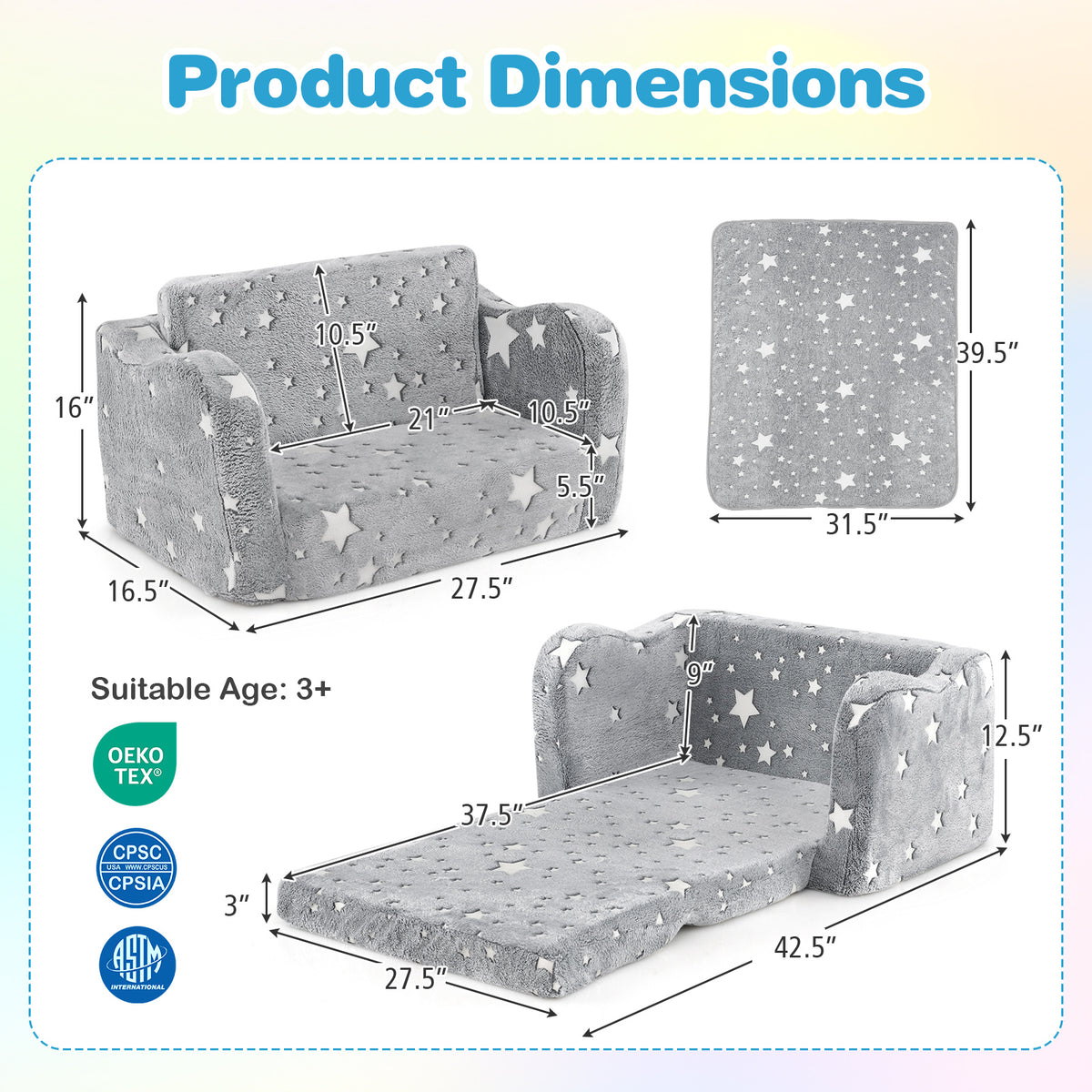 2-in-1 Folding Kids Couch with Blanket Glow in the Dark