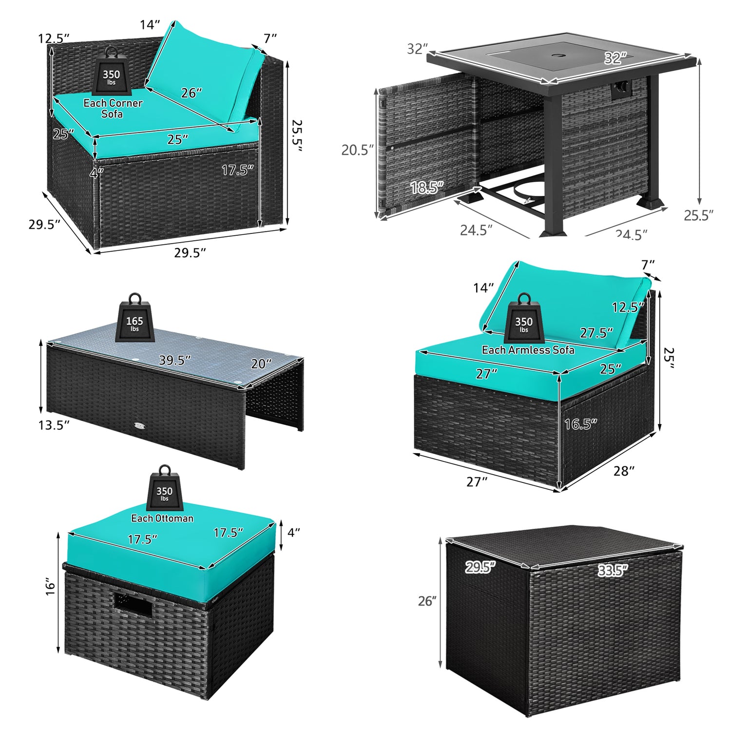 9 Pieces Patio Furniture Set with 32â Fire Pit Table and 50000 BTU Square Propane Fire Pit