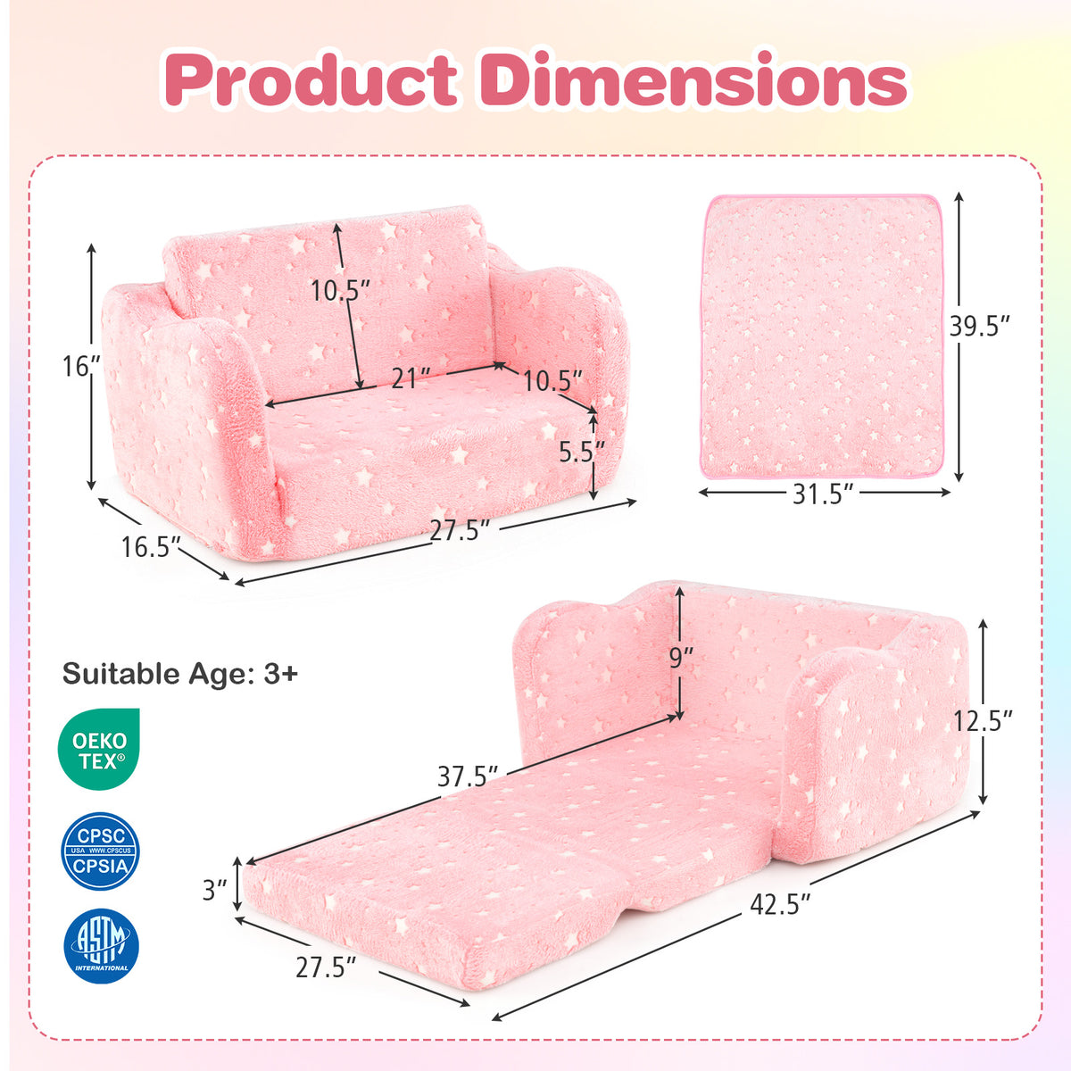 2-in-1 Folding Kids Couch with Blanket Glow in the Dark