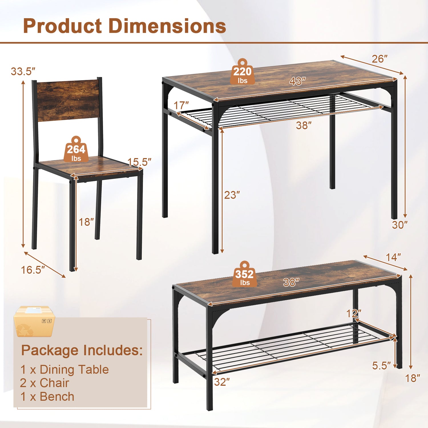 Industrial Style Rectangular Kitchen Table with Bench and Chairs