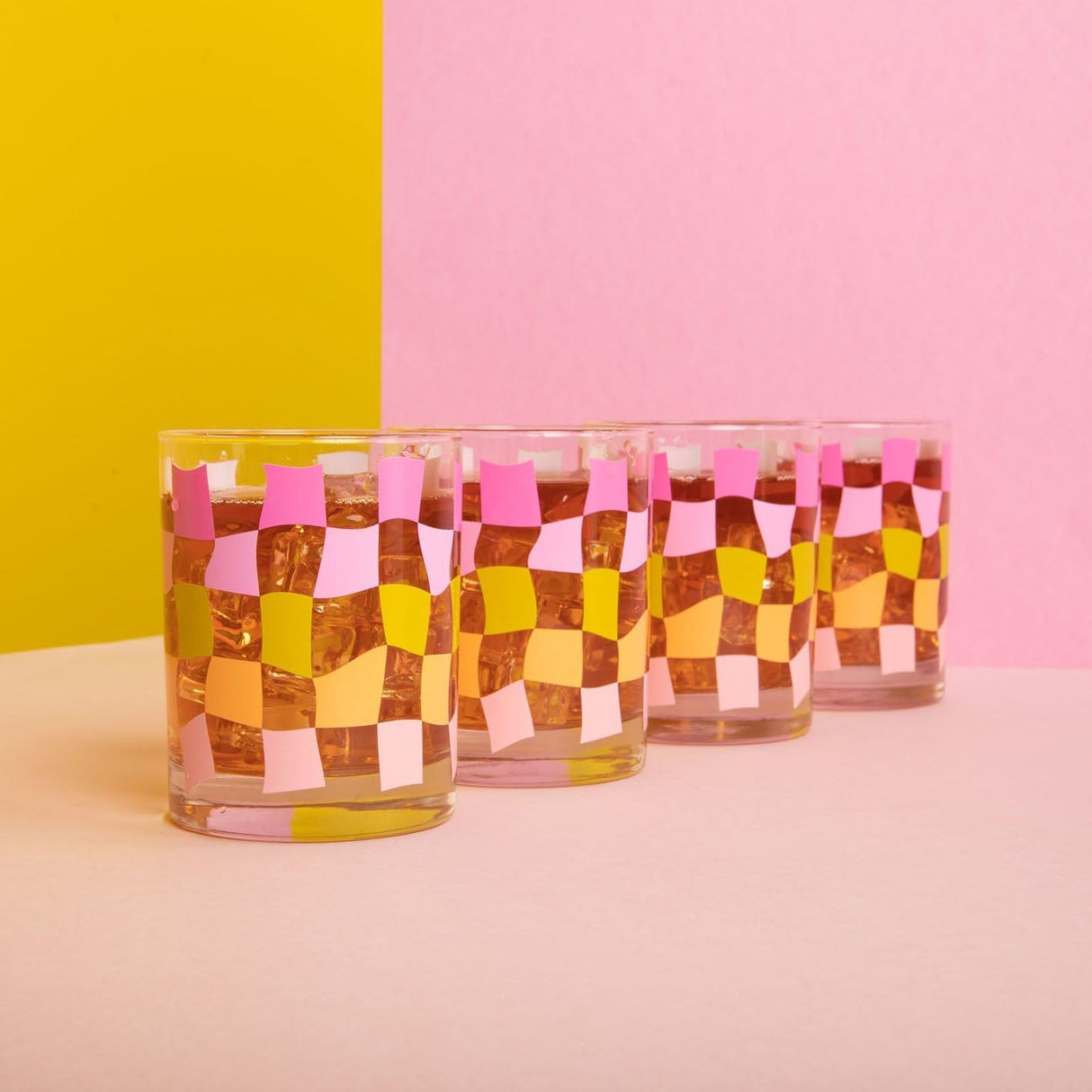 Rocks Glass Set - Pink Carnival Check