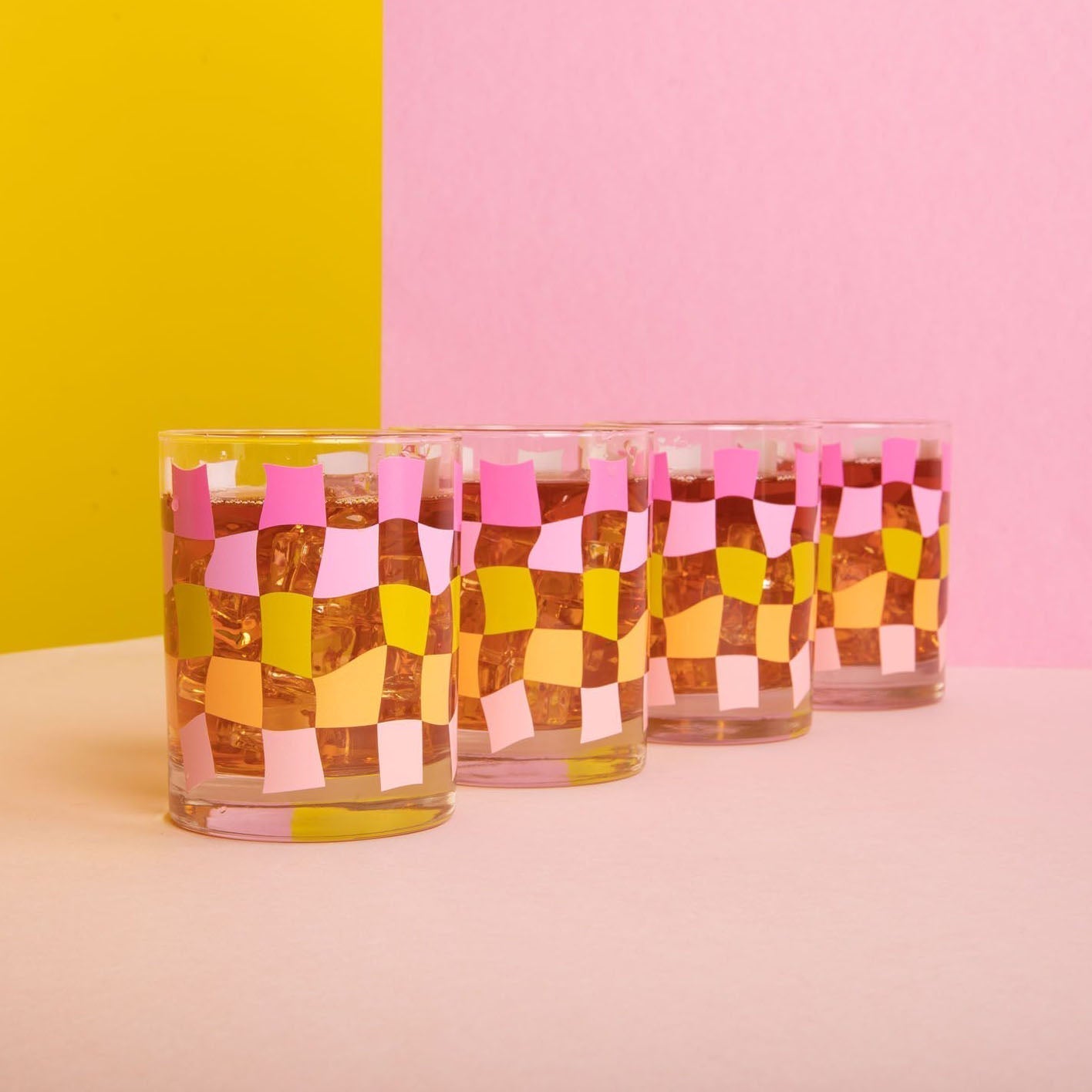 Rocks Glass Set - Pink Carnival Check
