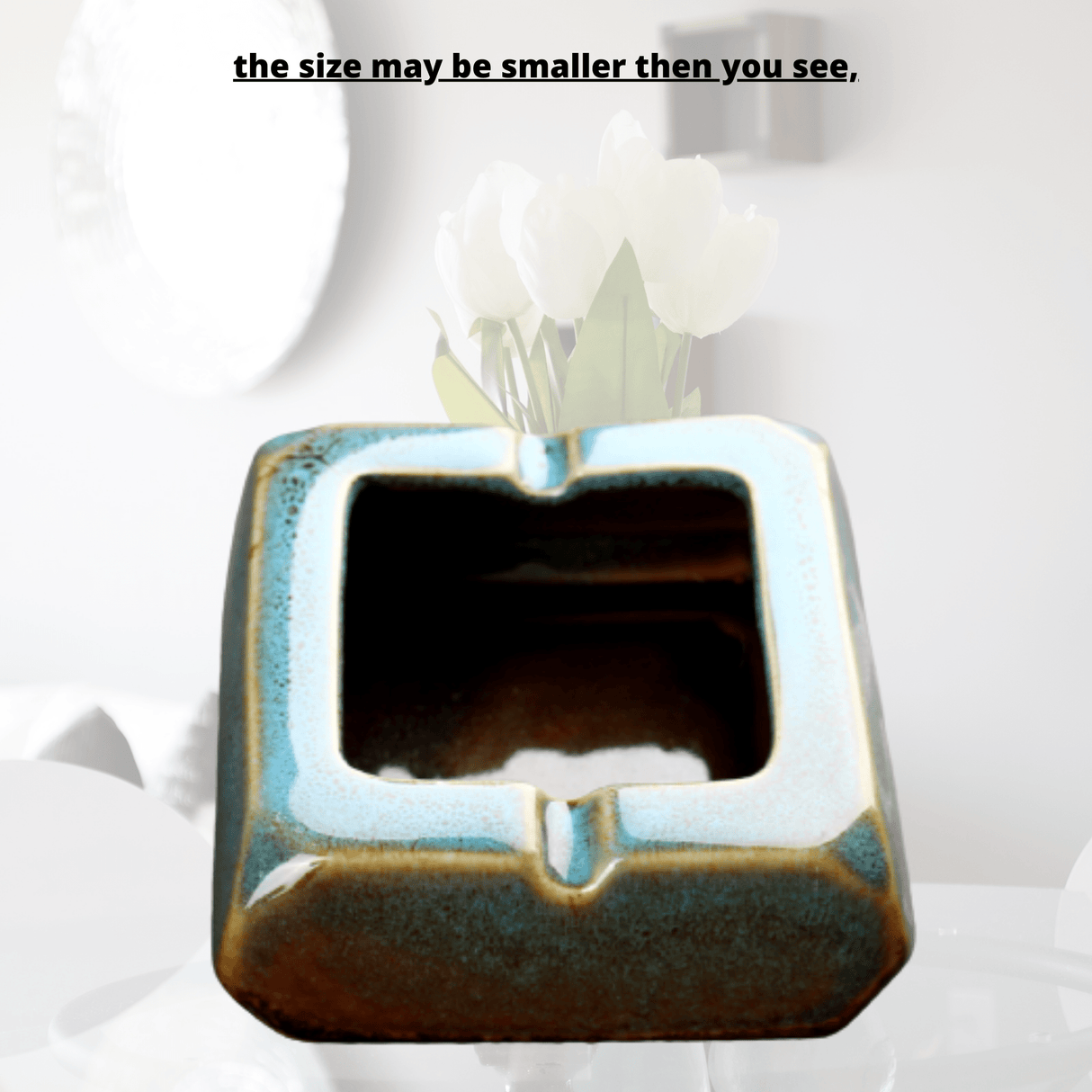 Square Glossy Ceramic Ashtray + Flameless Lighter (BLUISH)