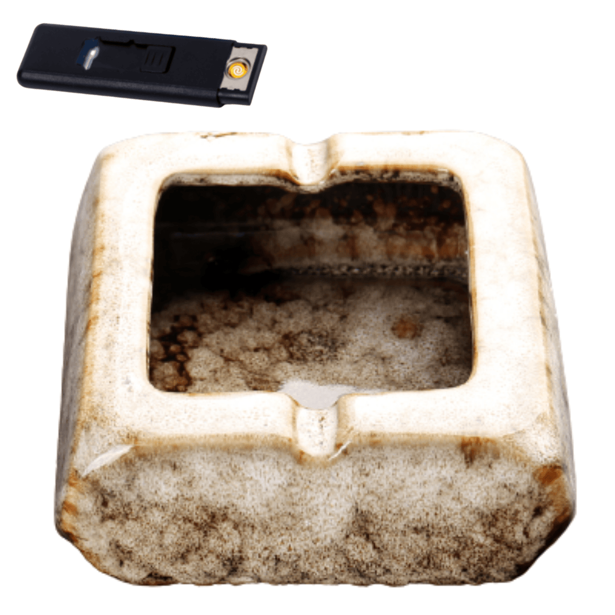 Square Glossy Ceramic Ashtray + Flameless Lighter (WHITISH)