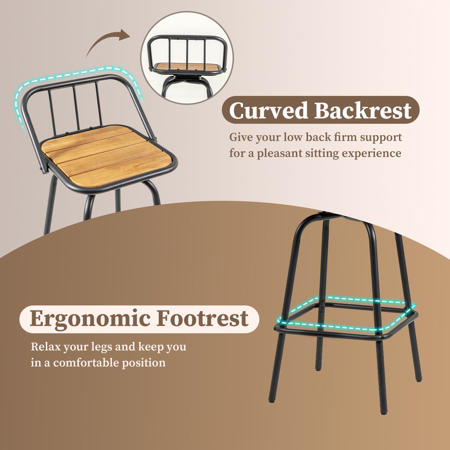 360° Swivel Bar Stool Set of 2 with Footrest and Backrest-Balck & Natural