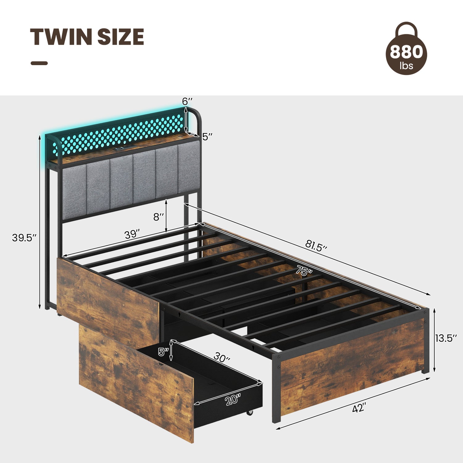 Twin/Full/Queen Bed Frame with LED Lights Upholstered Headboard and 4 Storage Drawers