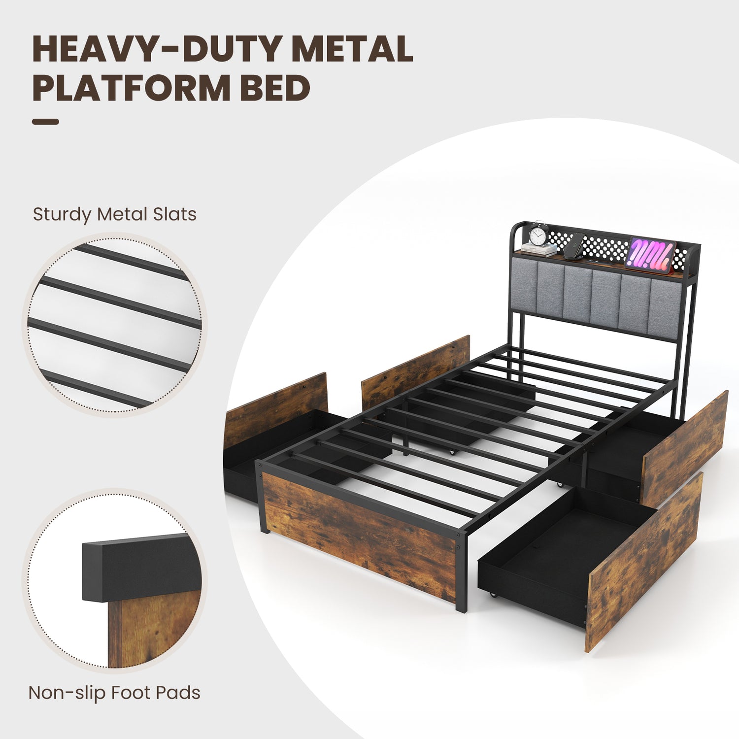 Twin/Full/Queen Bed Frame with LED Lights Upholstered Headboard and 4 Storage Drawers