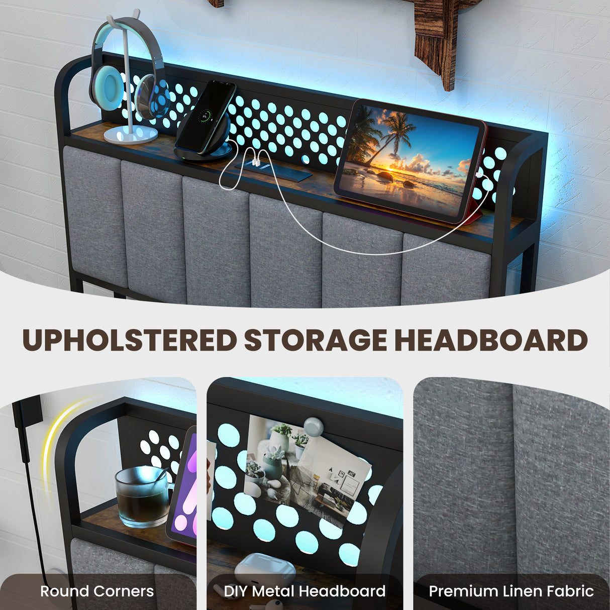 Twin/Full/Queen Bed Frame with LED Lights Upholstered Headboard and 4 Storage Drawers