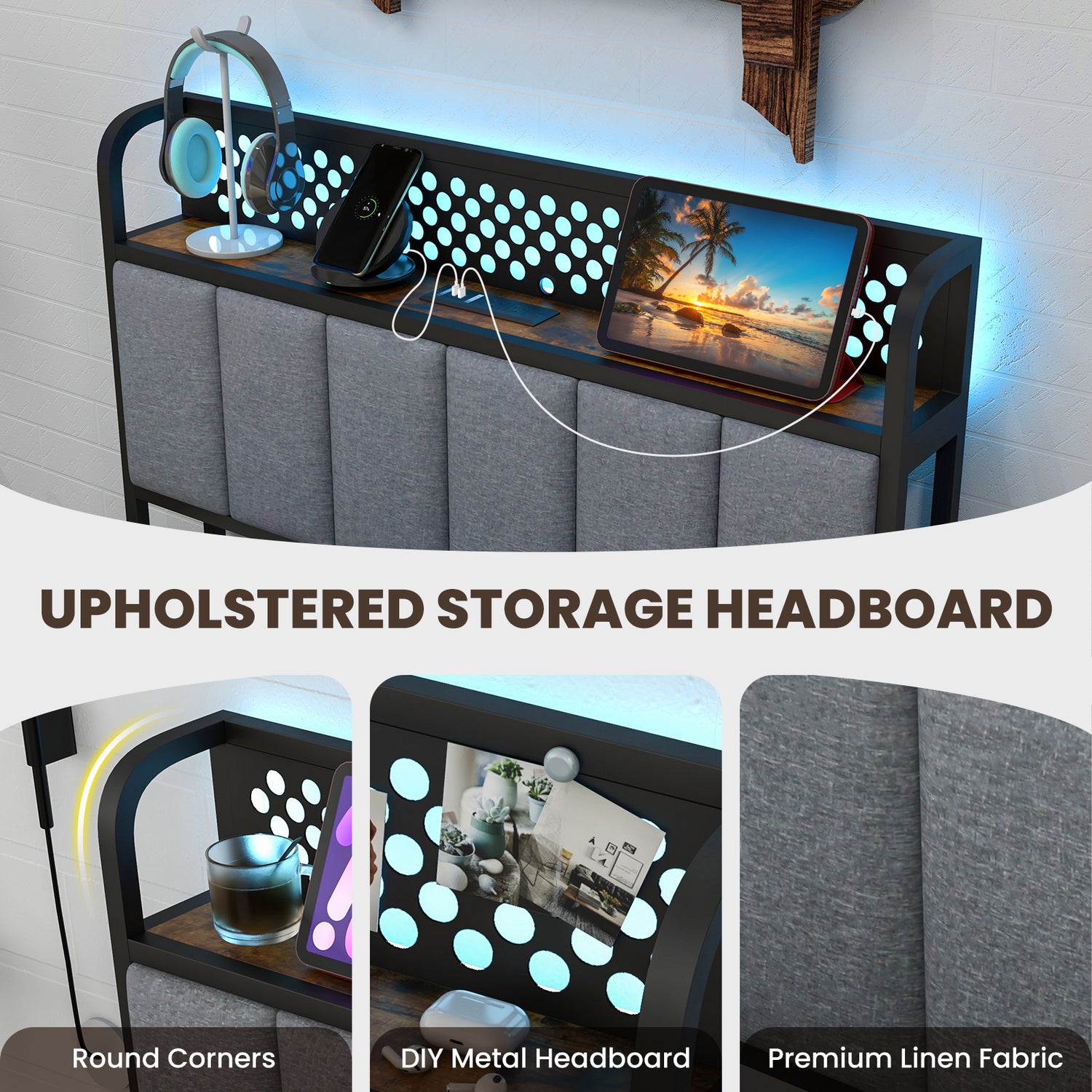Twin/Full/Queen Bed Frame with LED Lights Upholstered Headboard and 4 Storage Drawers