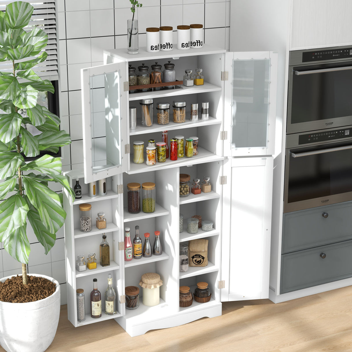 Tall Kitchen Pantry Cabinet with Dual Tempered Glass Doors and Shelves