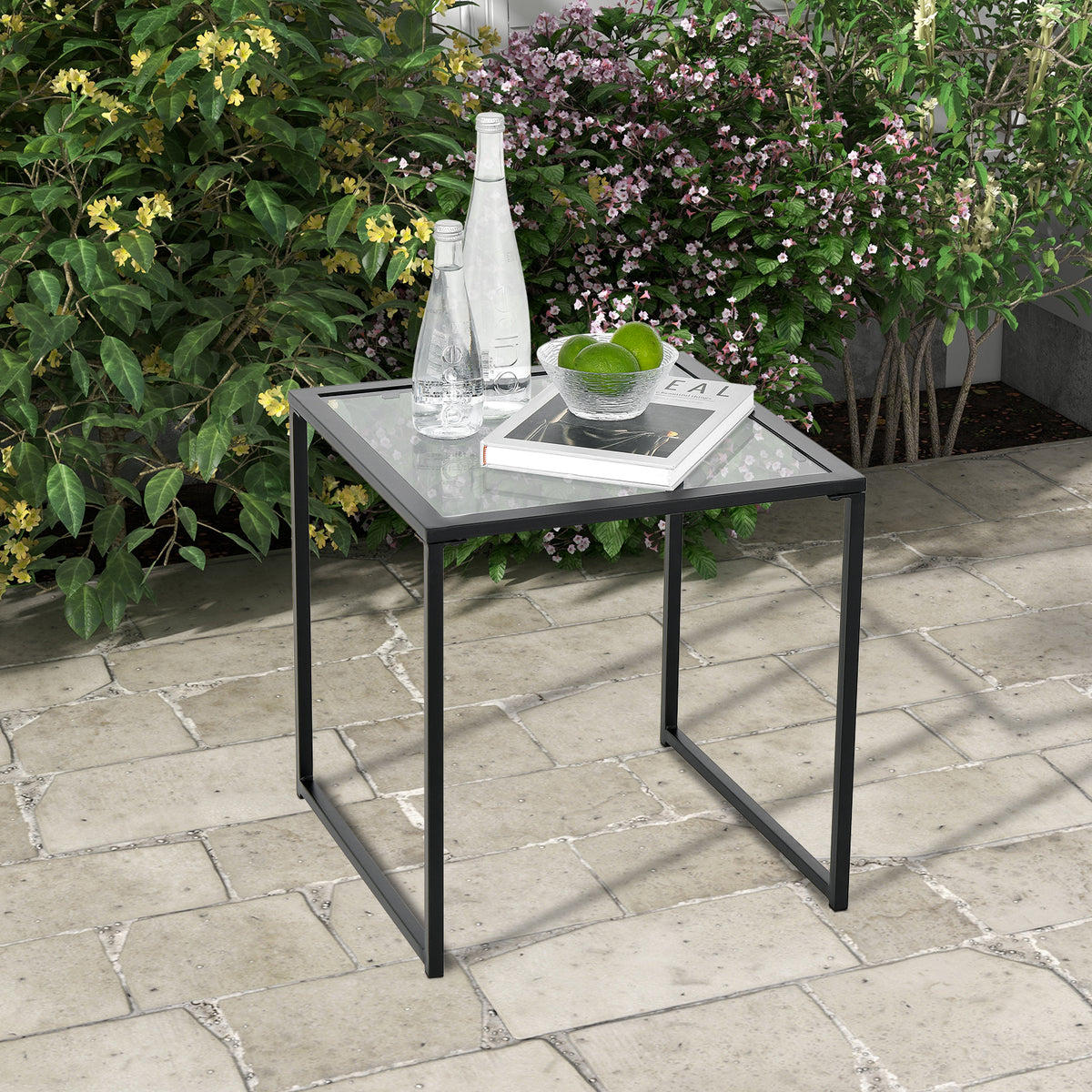 Tempered Glass Side Table with Metal Frame for Indoor and Outdoor
