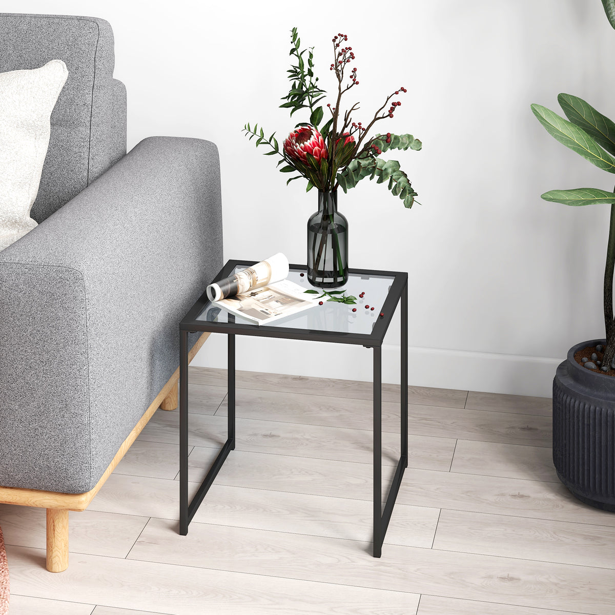 Tempered Glass Side Table with Metal Frame for Indoor and Outdoor