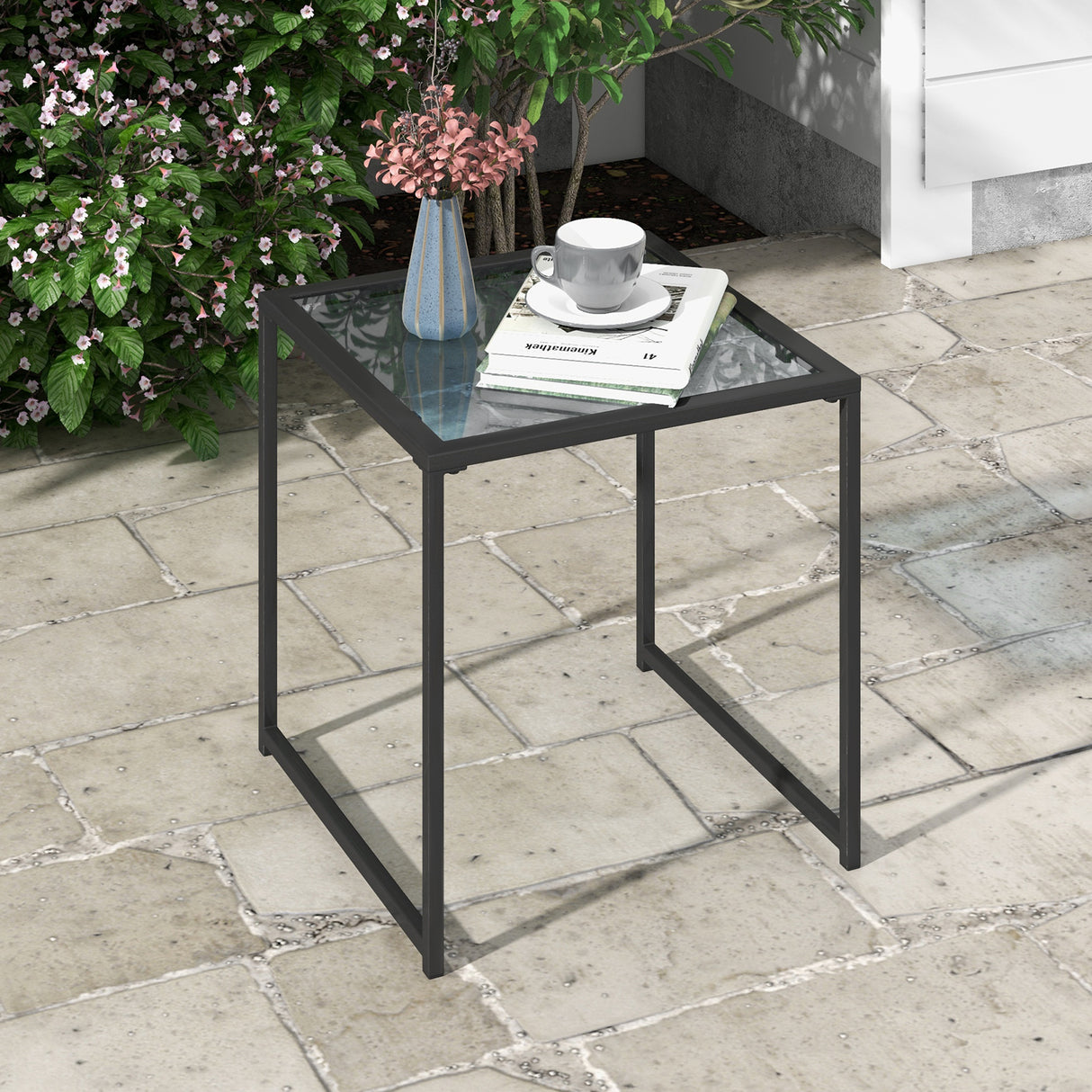 Tempered Glass Side Table with Metal Frame for Indoor and Outdoor