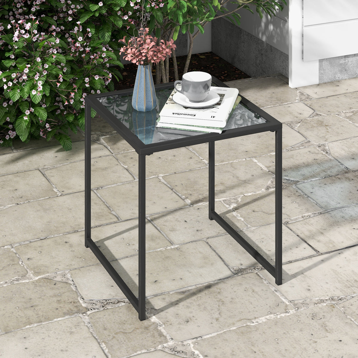 Tempered Glass Side Table with Metal Frame for Indoor and Outdoor