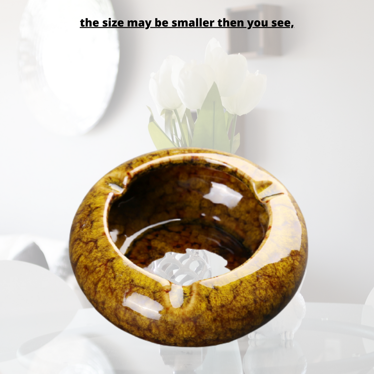 Round Glossy Ceramic Ashtrays + Flameless Lighter (BROWNISH)