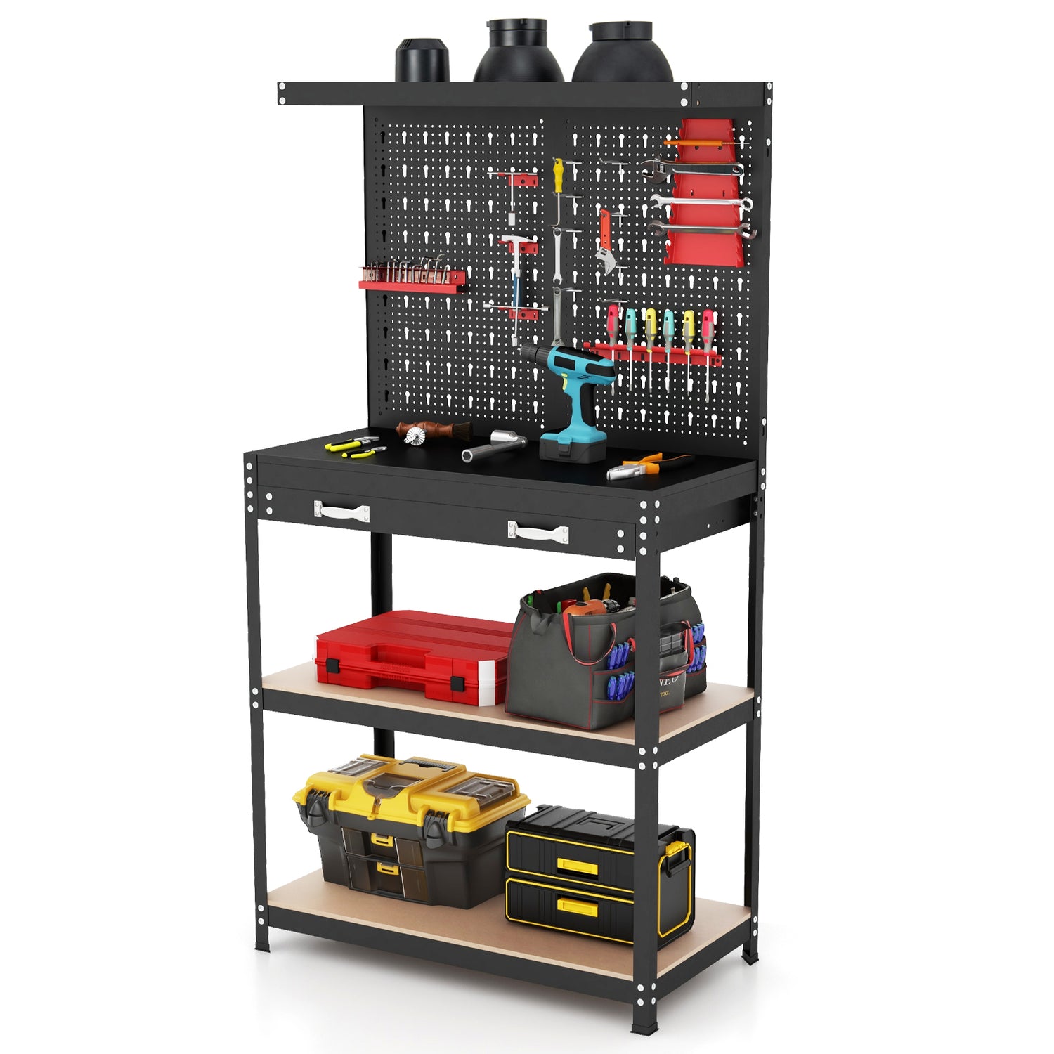 Tool Storage Workbench with Pegboard with 14 Hanging Accessories for Garage