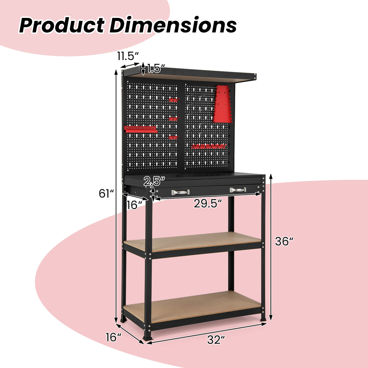 Tool Storage Workbench with Pegboard with 14 Hanging Accessories for Garage