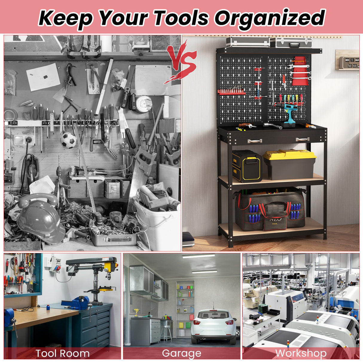 Tool Storage Workbench with Pegboard with 14 Hanging Accessories for Garage