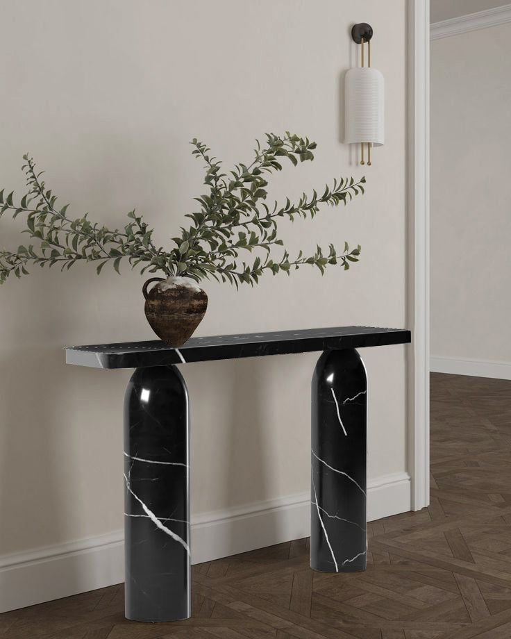 Toros Black Marble Designer Round Legs Console Polished